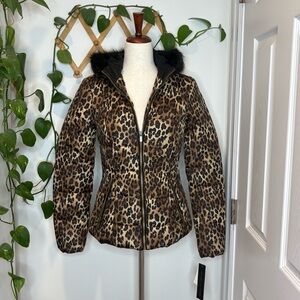 CELEBRITY PINK Juniors Leopard-Print Puffer Coat with Faux Fur Trim Hood